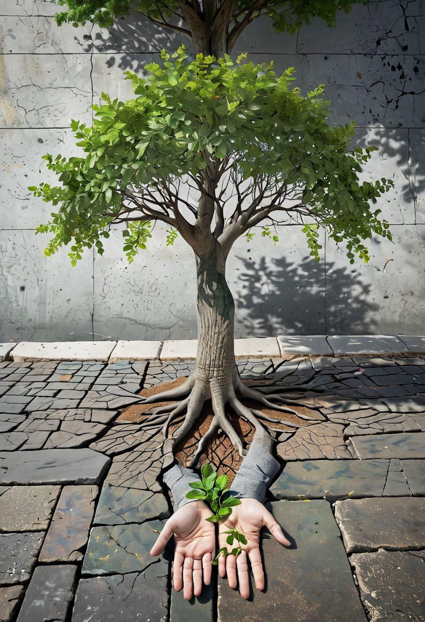 A strong tree growing through cracks in a pavement, symbolizing resilience, with vibrant green leaves contrasting against a gray urban backdrop. Surrounding the tree are diverse hands reaching out, representing community support, with soft light illuminating the scene, evoking hope. super-realistic. vibrant colors. 3D.