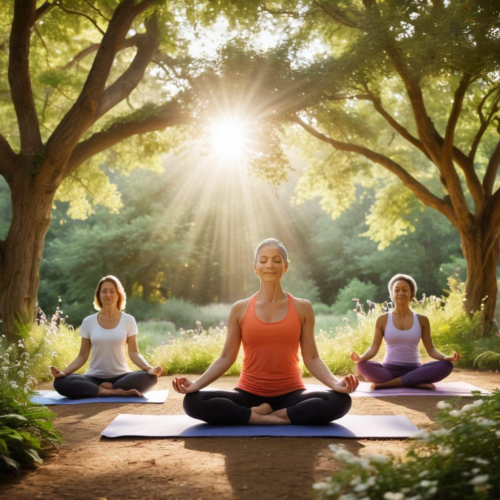 A serene landscape featuring a diverse group of individuals engaged in various wellness activities like yoga, meditation, and healthy cooking, symbolizing empowerment in cancer care. Sunlight filters through trees, casting a gentle glow on their faces, showcasing hope and resilience. Incorporate symbols of healing like flowers and positive affirmations in the background. Soft, soothing colors to evoke a sense of calm and inspiration. super-realistic. vibrant colors.