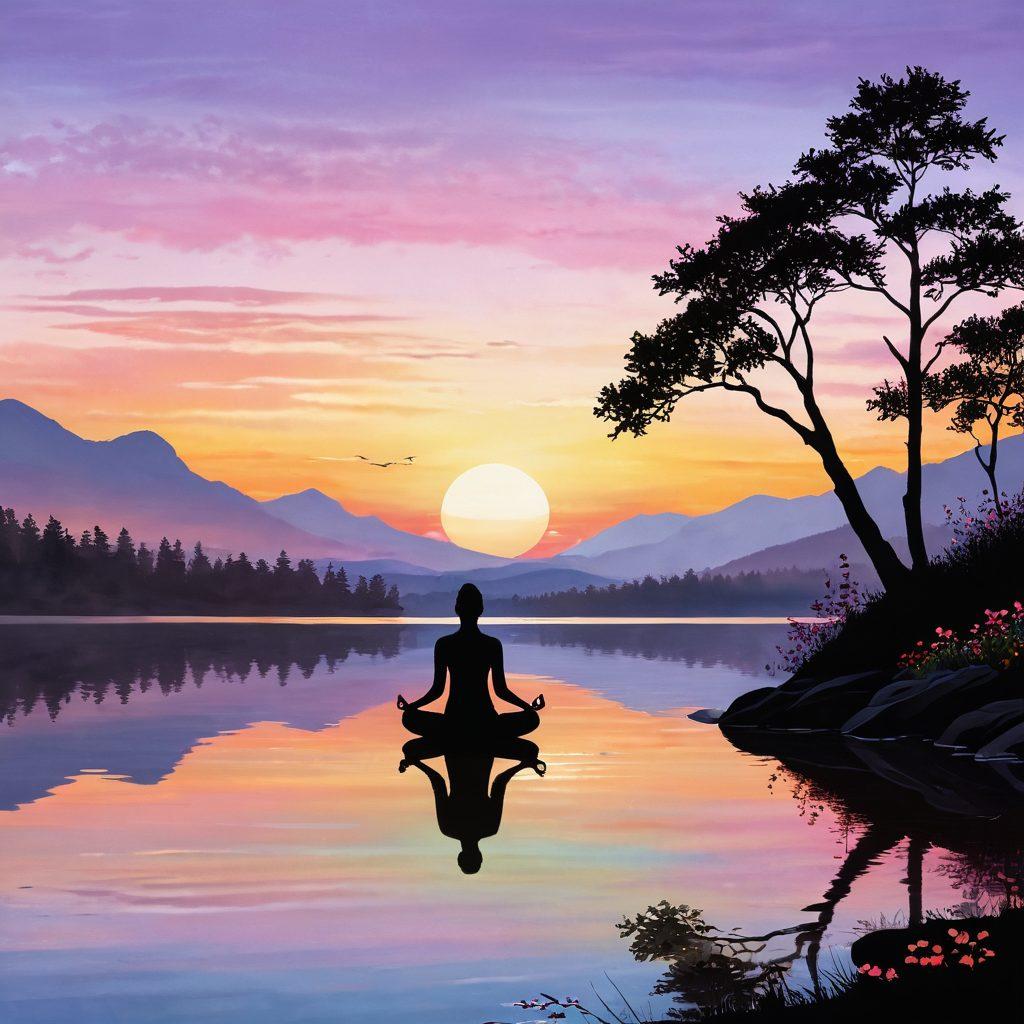 A serene landscape depicting a calm sunrise over a tranquil lake, with a silhouette of a person practicing yoga on the shore. Symbolic elements like blooming flowers and gentle waves represent resilience and growth. Soft, warm colors enhance a sense of peace and hope, inviting viewers into a space of wellness and healing. super-realistic. vibrant colors. soothing pastel palette.